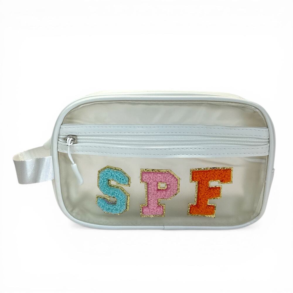 Clear SPF Makeup Bag Travel Cosmetic Pouch Chenille Patch Toiletry Organizer NWT